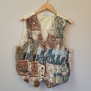 VTG 80s 90s Roman Rome Theme Tapestry Vest Size XL Button Up Coins Statue Beige